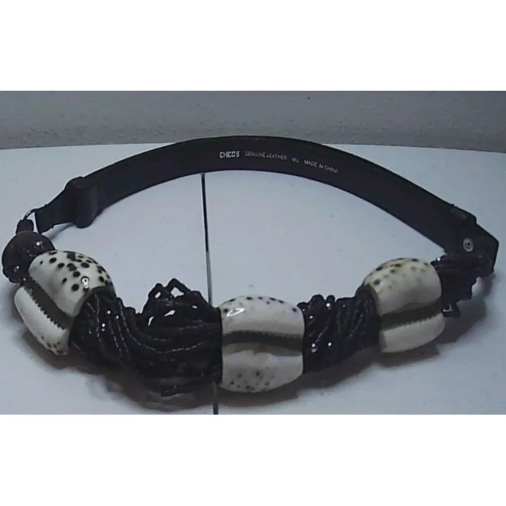 Chicos Leather Belt Beads, Wood, Shell Accents M/L